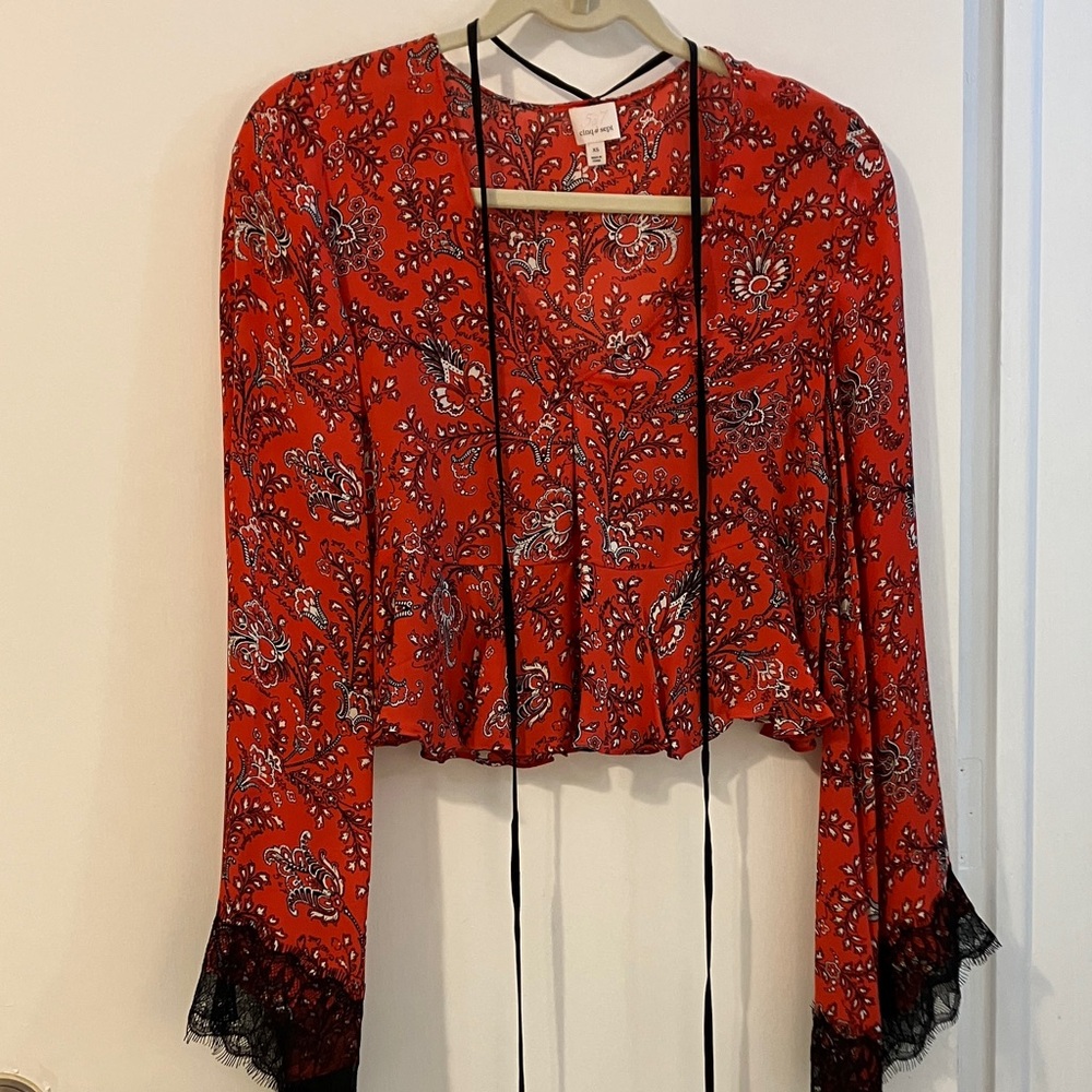 Cinq à Sept Red Floral Blouse with Black Lace